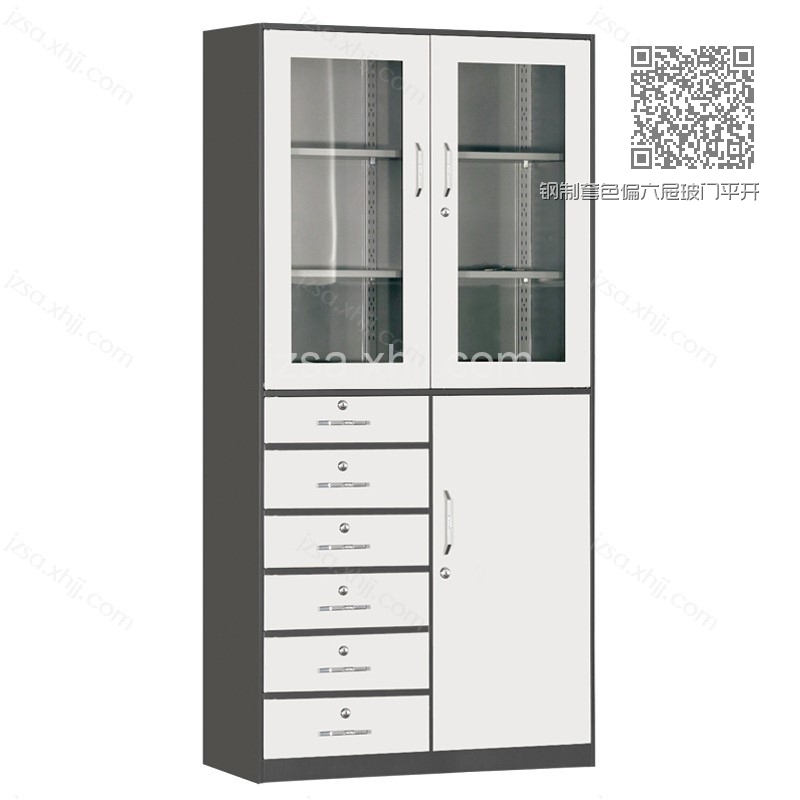 钢制套色偏六屉玻门平开书柜TS-16 钢制套色偏六屉玻门平开书柜TS-16