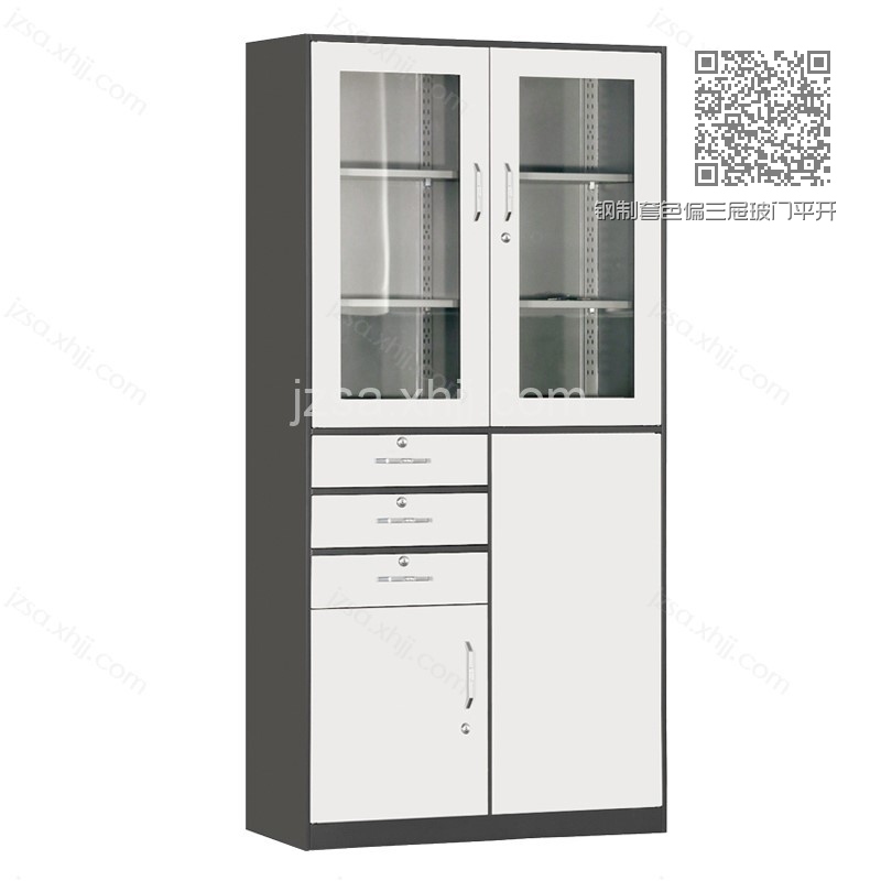 钢制套色偏三屉玻门平开书柜TS-15 钢制套色偏三屉玻门平开书柜TS-15