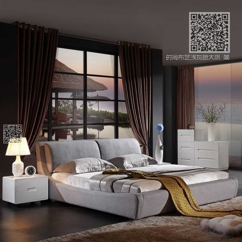 时尚布艺浅灰色大床 简约卧室布艺床-3030