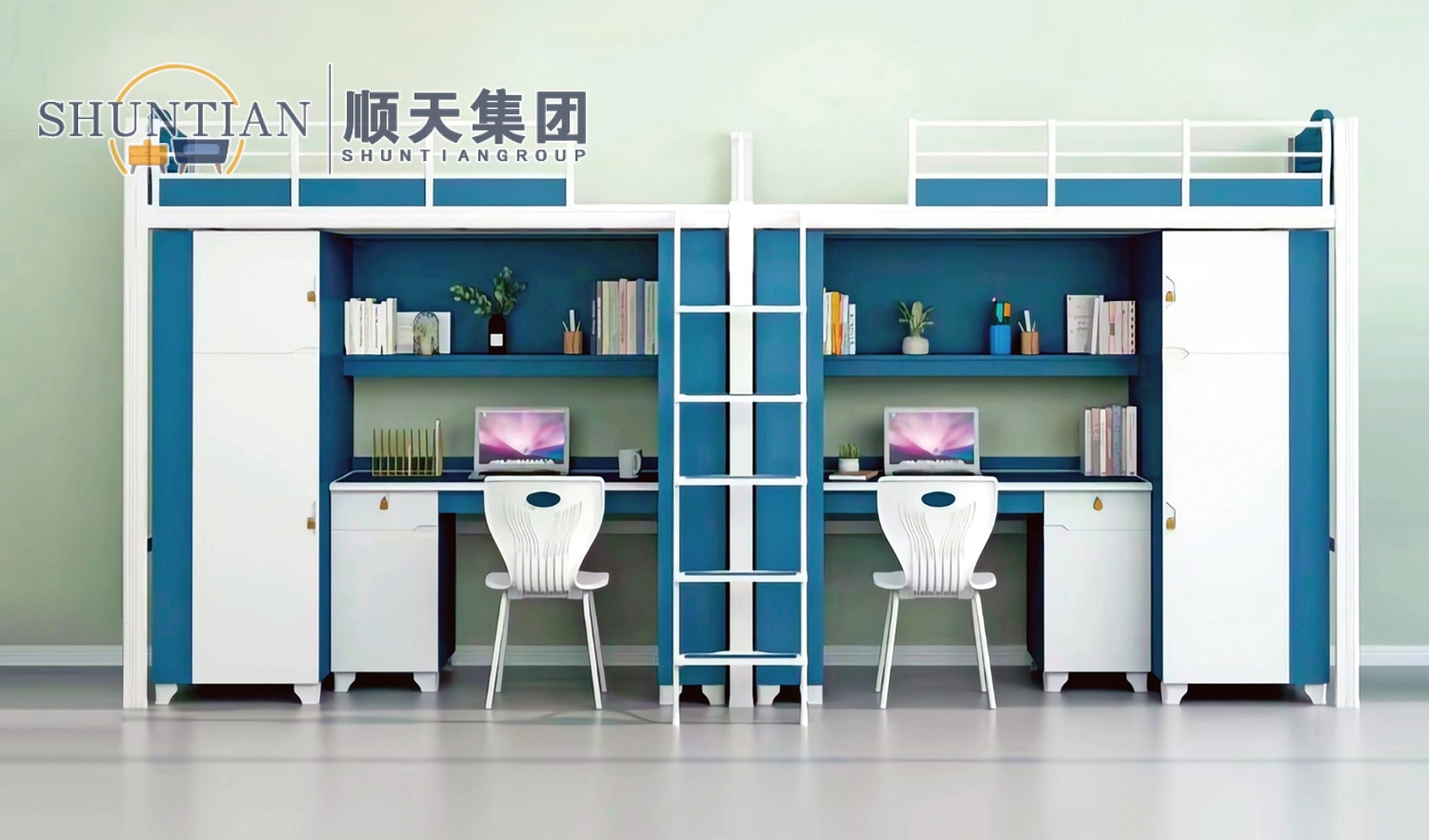 GZC-09 二连体二人位公寓床-侧爬梯-木制床下柜 GZC-09 二连体二人位公寓床-侧爬梯-木制床下柜