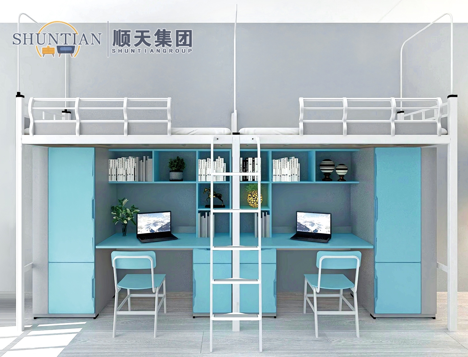 GZC-10 二连体二人位公寓床-侧爬梯-木制床下柜