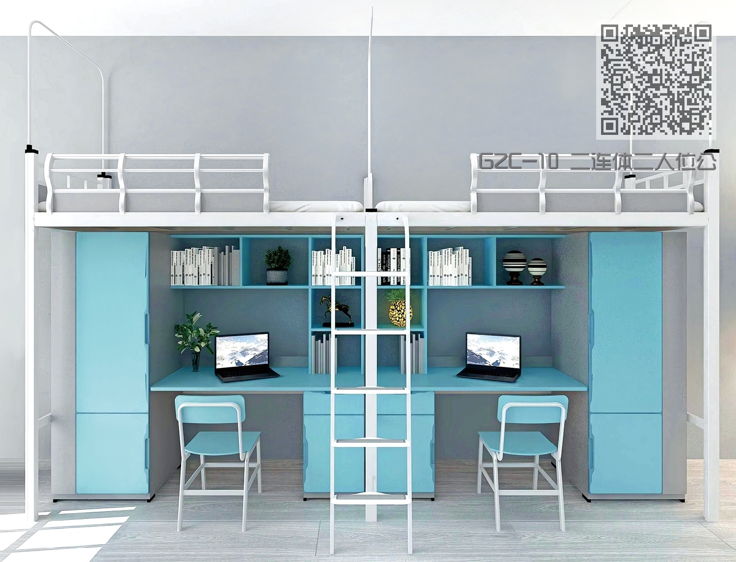 GZC-10 二连体二人位公寓床-侧爬梯-木制床下柜 GZC-10 二连体二人位公寓床-侧爬梯-木制床下柜