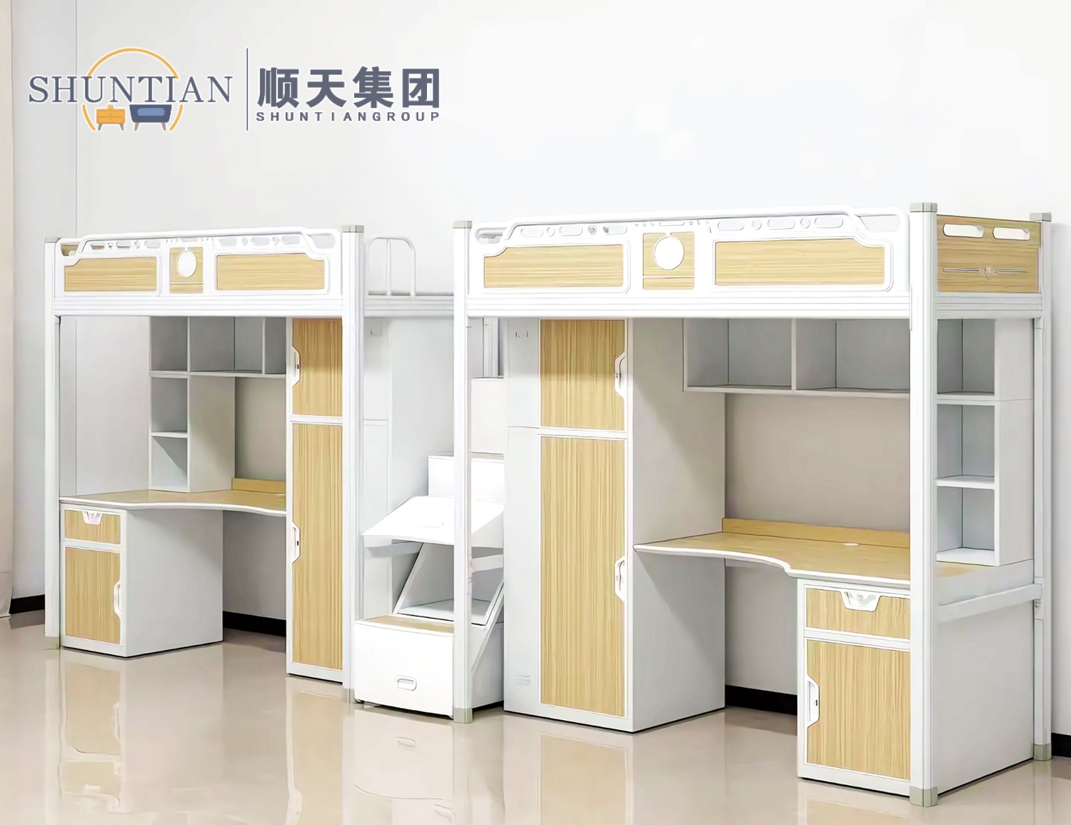 GZC-12 二连体二人位公寓床-中步梯-木制床下柜 GZC-12 二连体二人位公寓床-中步梯-木制床下柜