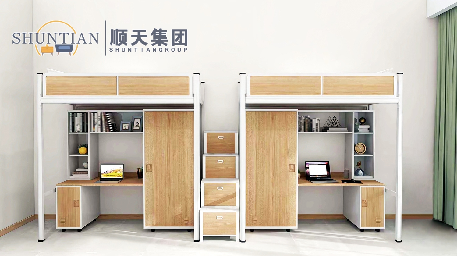 GZC-13 二连体二人位公寓床-中步梯-钢制床下柜 GZC-13 二连体二人位公寓床-中步梯-钢制床下柜