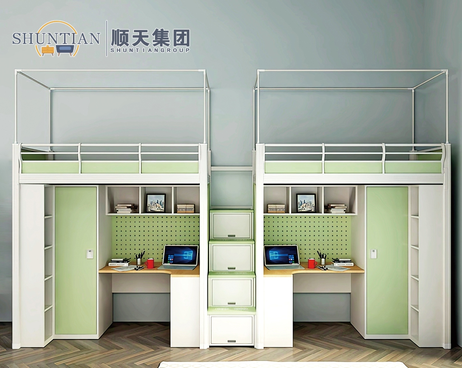 GZC-16 二连体二人位公寓床-中步梯-钢制床下柜
