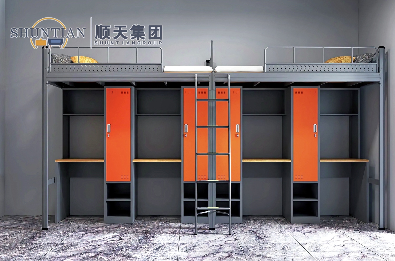 GZC-22 二连体二人位公寓床-侧爬梯-钢制床下柜 GZC-22 二连体二人位公寓床-侧爬梯-钢制床下柜