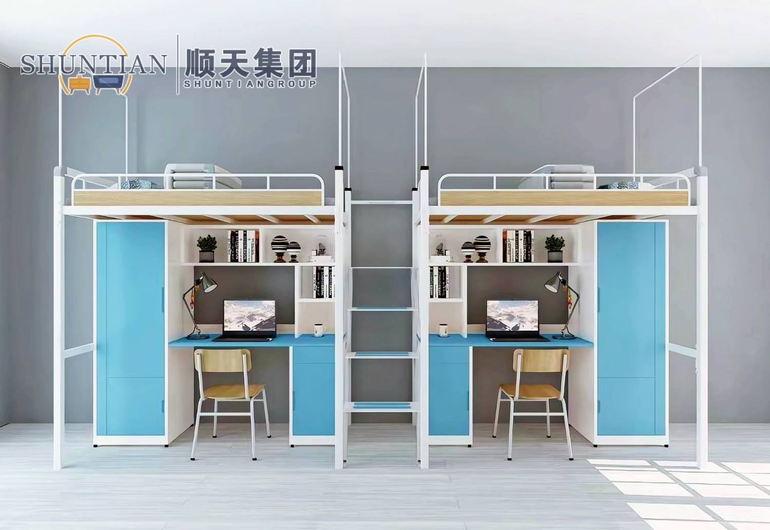 GZC-23 二连体二人位公寓床-中步梯-钢制床下柜 GZC-23 二连体二人位公寓床-中步梯-钢制床下柜