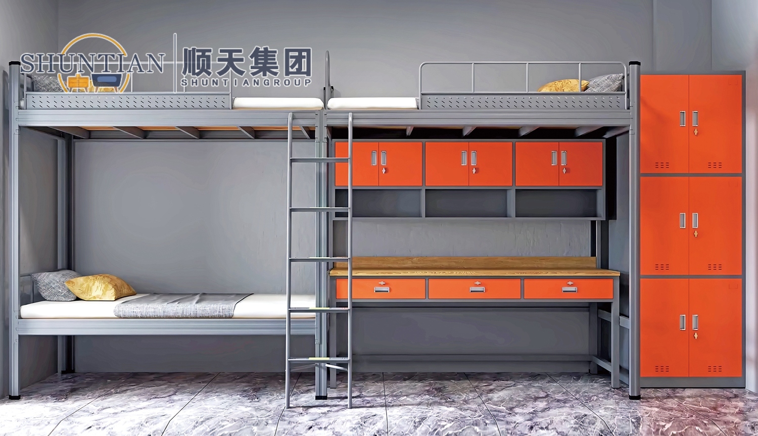 GZC-32 二连体三人位公寓床-侧爬梯-钢制床下柜