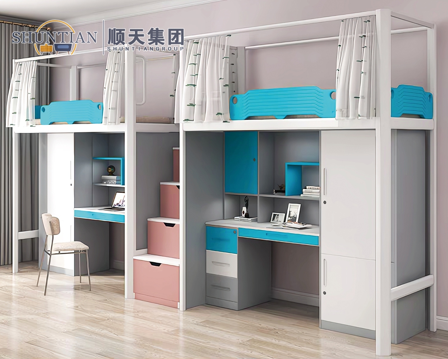 GZC-33 二连体二人位公寓床-中步梯-钢制床下柜