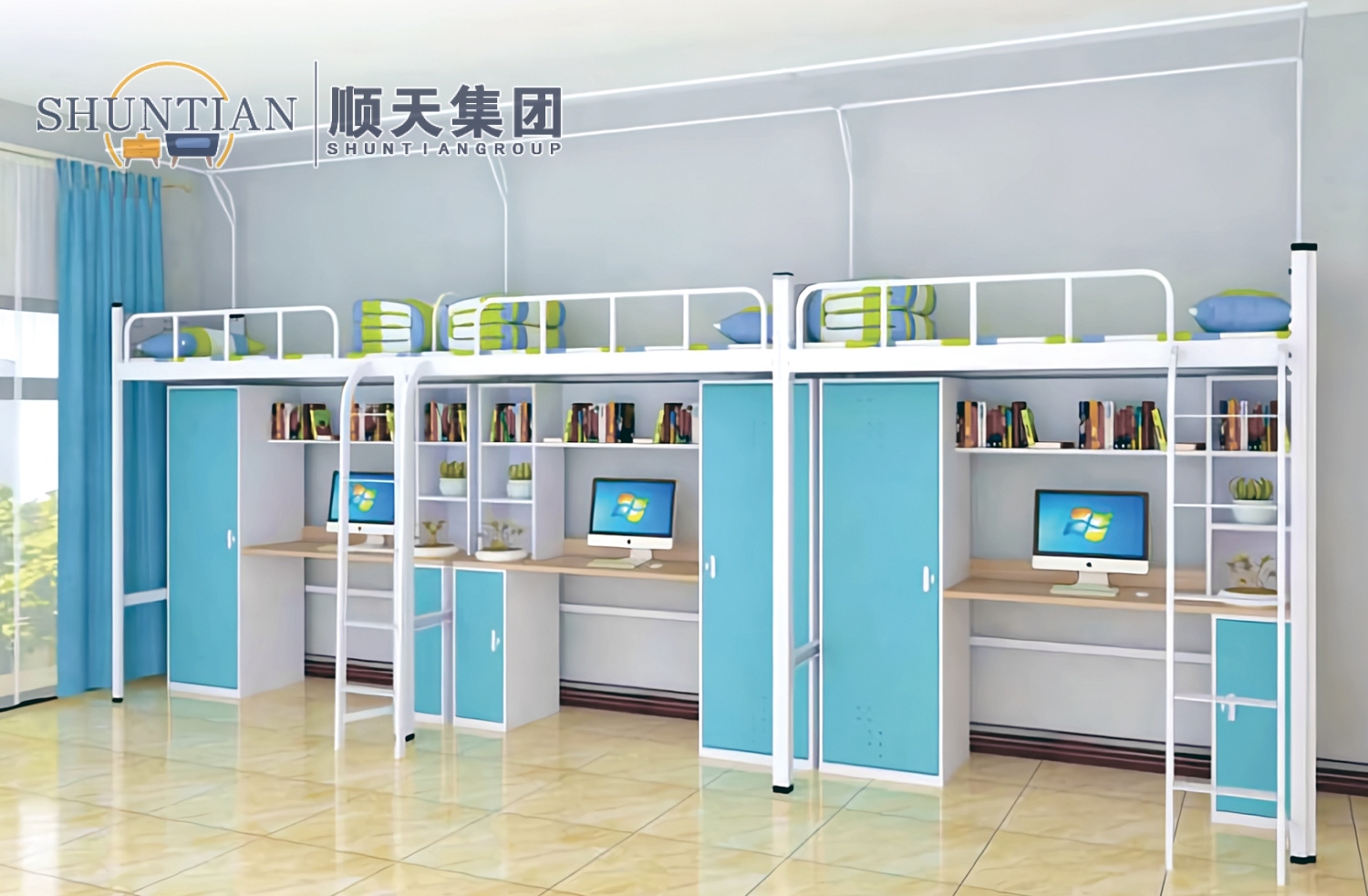 GZC-40 三连体三人位公寓床-侧爬梯-钢制床下柜 GZC-40 三连体三人位公寓床-侧爬梯-钢制床下柜