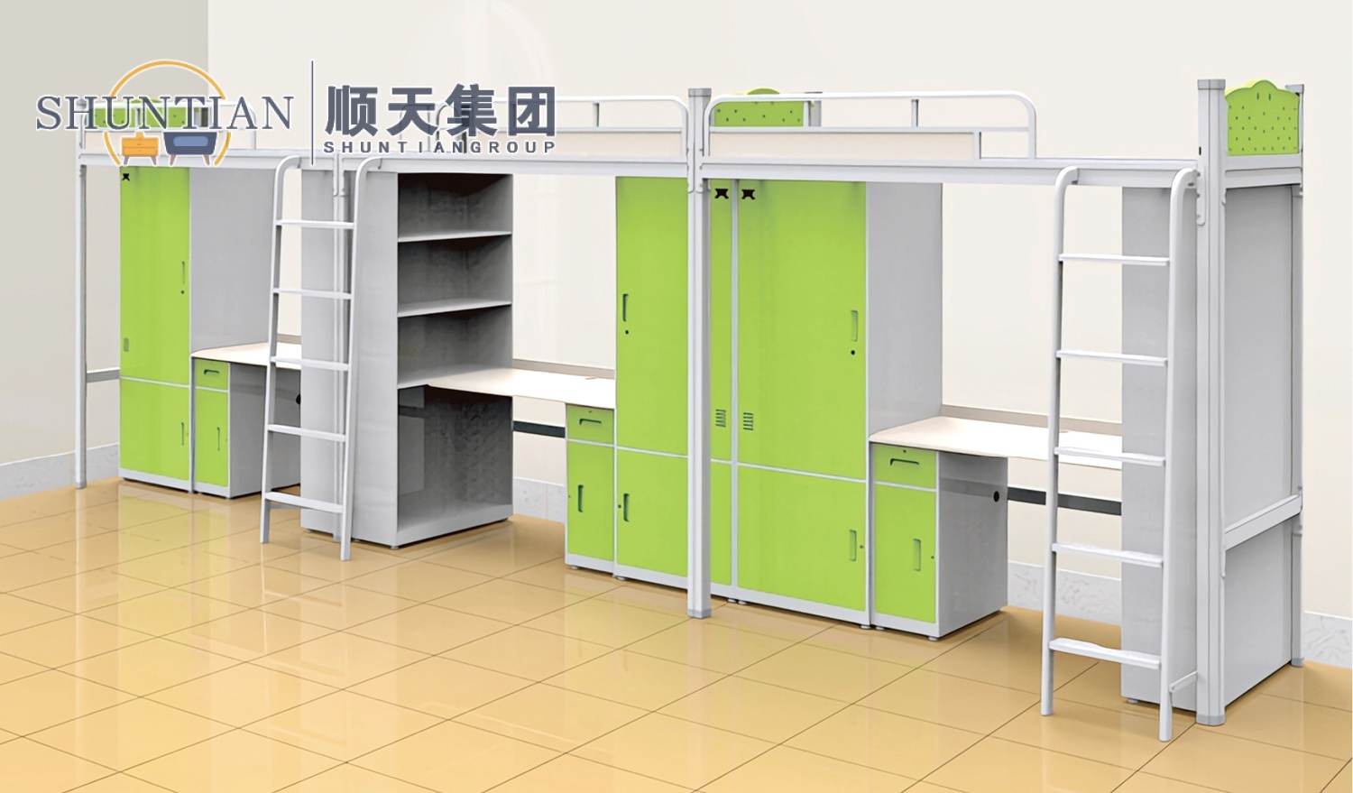 GZC-41 三连体三人位公寓床-侧爬梯-钢制床下柜 GZC-41 三连体三人位公寓床-侧爬梯-钢制床下柜