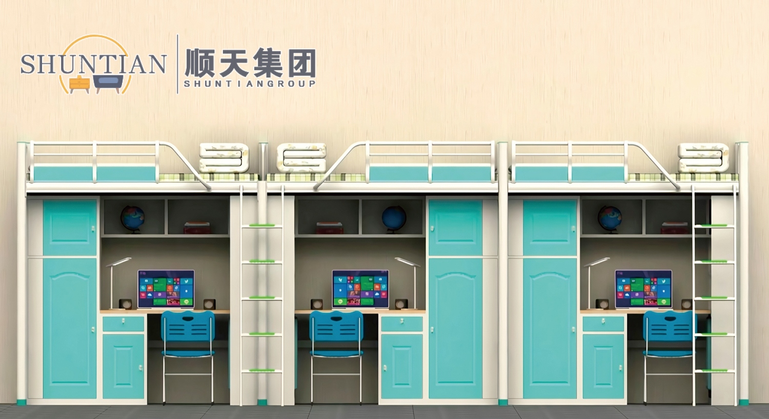 GZC-42 三连体三人位公寓床-侧爬梯-钢制床下柜