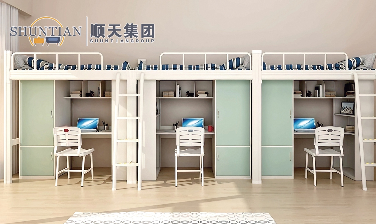 GZC-43 三连体三人位公寓床-侧爬梯-钢制床下柜 GZC-43 三连体三人位公寓床-侧爬梯-钢制床下柜