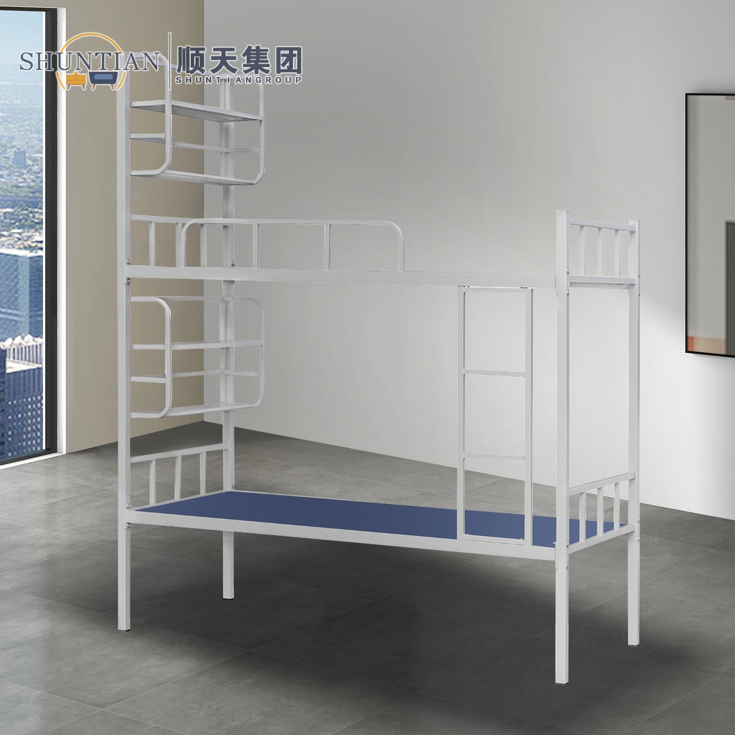 GZC-63 方管扣板上下铁床+双层书架