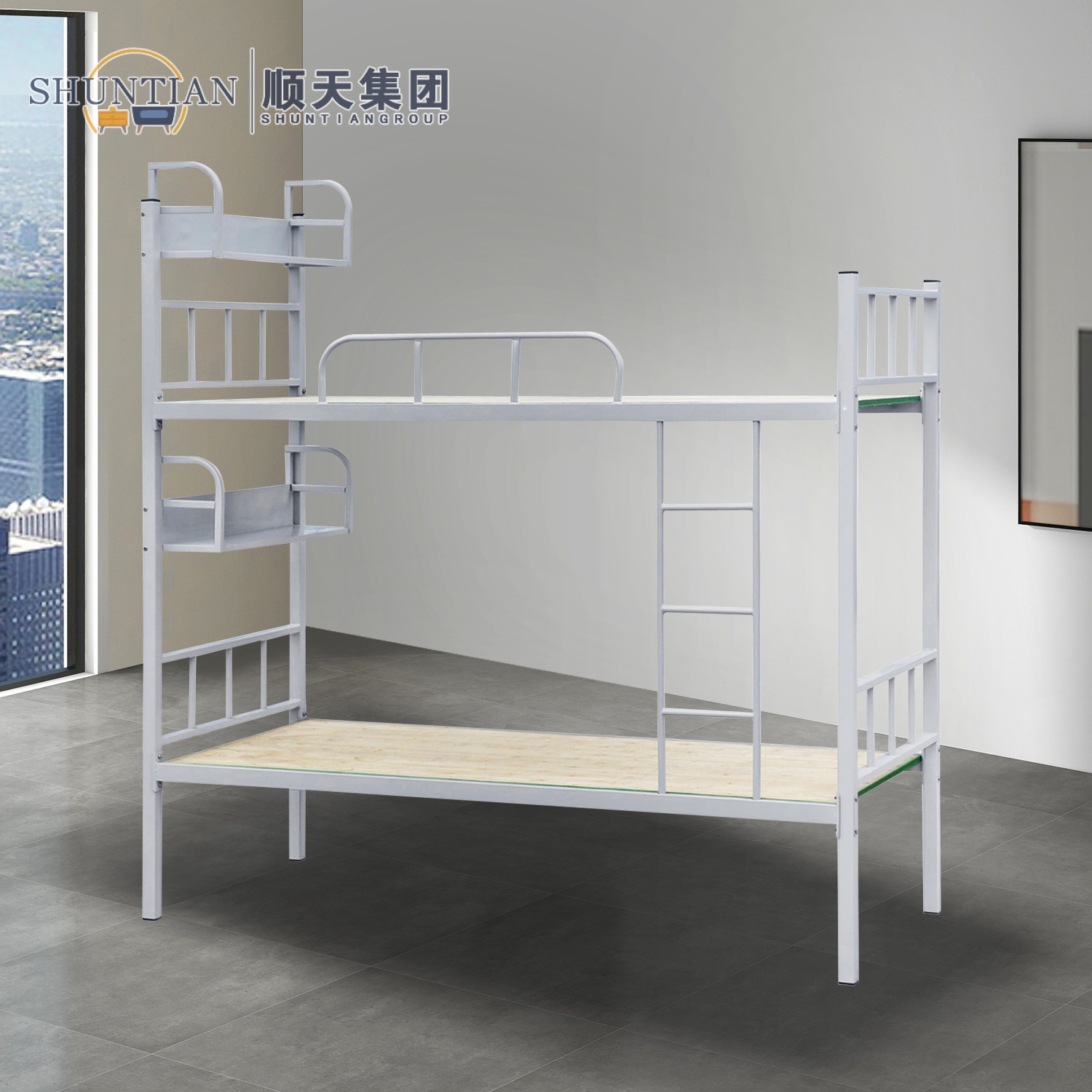 GZC-64 方管扣板上下铁床+单层书架 GZC-64 方管扣板上下铁床+单层书架