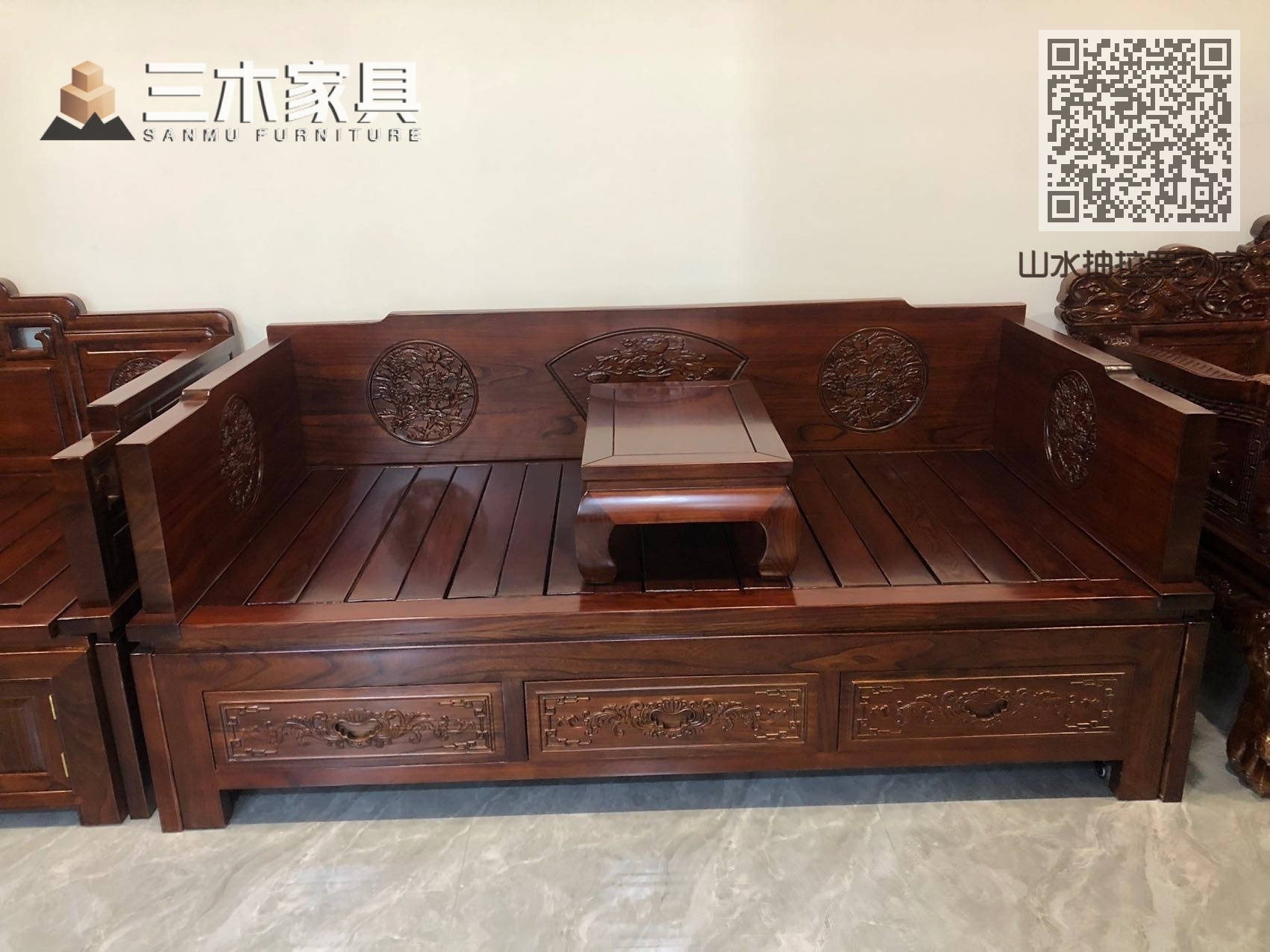 山水抽拉罗汉床