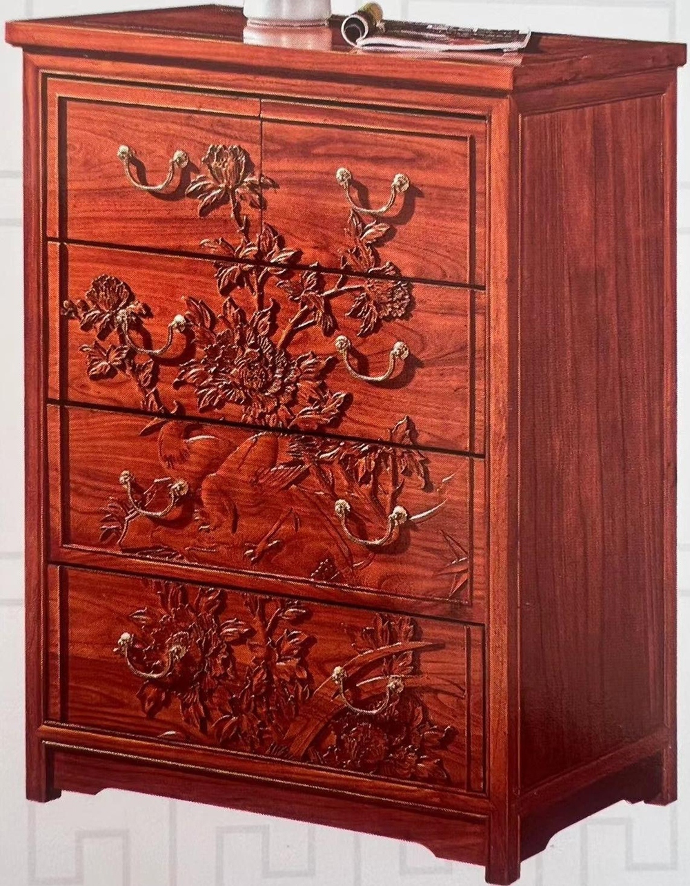 上两屉喜鹊牡丹半圆拉手五斗柜